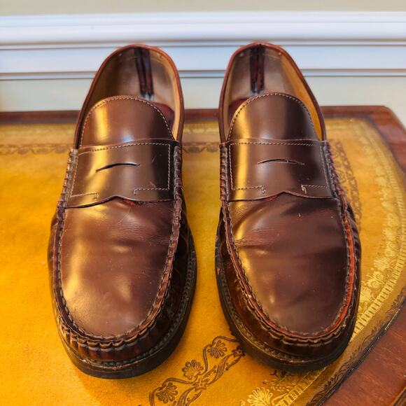 Bloomingdales Mens Store Brown Leather made in Italy Vibram Penny Loafers Sz 9.5